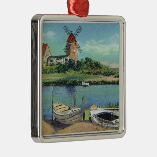風車の風変わりで古風なケープコッド、眺めおよびボート メタルオーナメント (右)