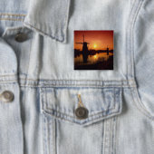 風車は夕日に、キンダーディク、オランダ 缶バッジ (インサイチュ)