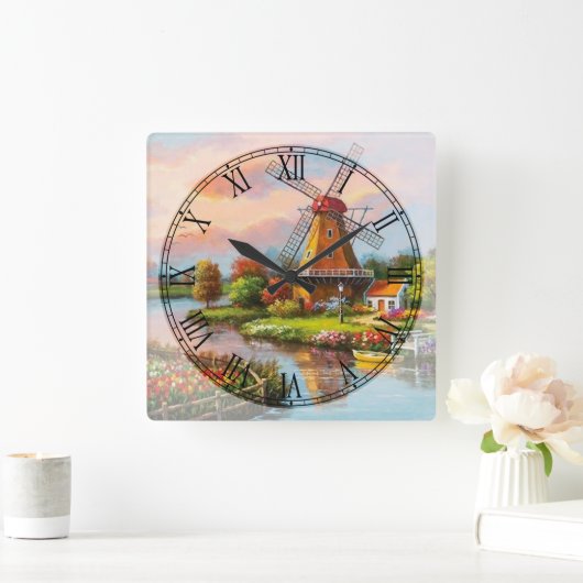 風車ファインアートローマ数字 スクエア壁時計 (ホーム)