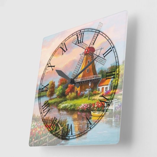 風車ファインアートローマ数字 スクエア壁時計 (傾斜)