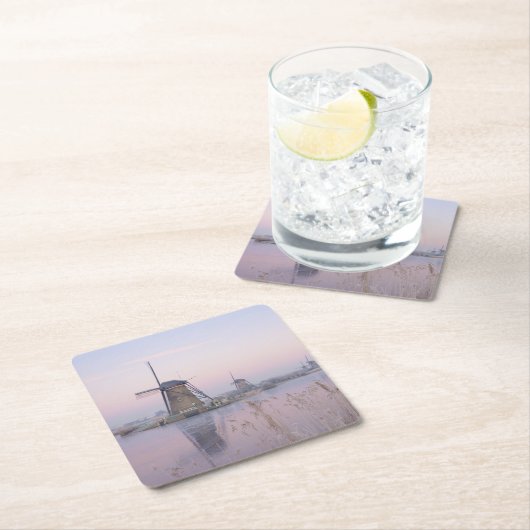 風車上の冬の柔らかい日の出ライト スクエアペーパーコースター (インサイチュ)