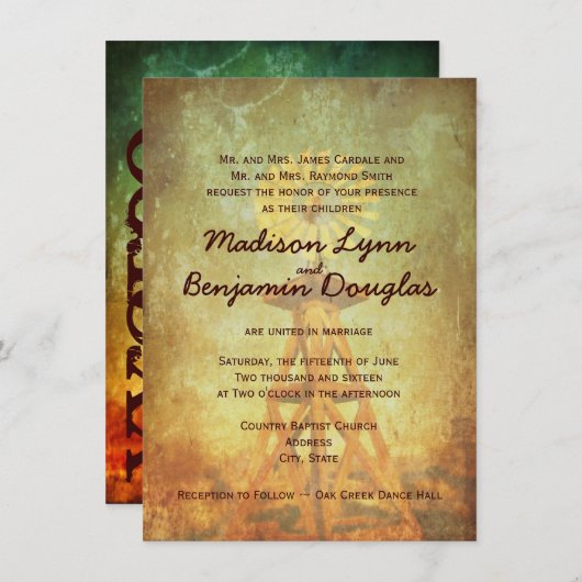 風車動揺して素朴結婚式招待状 招待状 (正面/裏面)