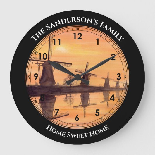 風車、夕焼き幼稚園-水絵画彩  ラージ壁時計 (正面)