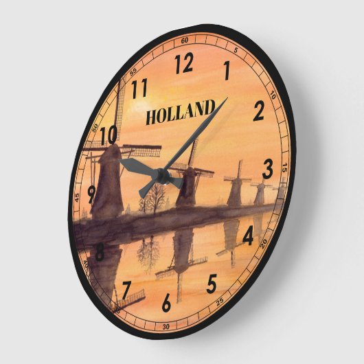 風車、夕焼き幼稚園-水絵画彩 ラージ壁時計 (傾斜)