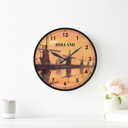 風車、夕焼き幼稚園-水絵画彩 ラージ壁時計 (ホーム)