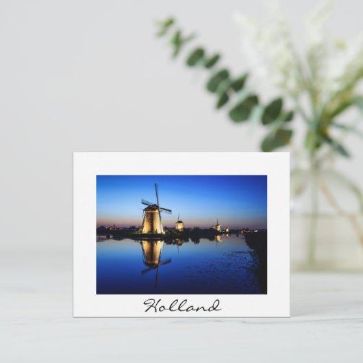 風車(BlueHour)の白い文字はがき ポストカード (スタンド正面)