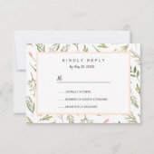 風通しの良いピンクの牧草地の植物花ウェディングRSVP 出欠カード (正面)