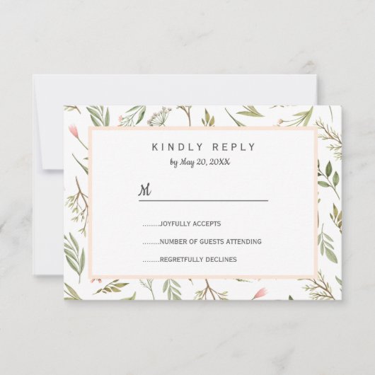 風通しの良いピンクの牧草地の植物花ウェディングRSVP 出欠カード (正面)