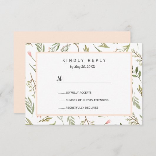 風通しの良いピンクの牧草地の植物花ウェディングRSVP 出欠カード (正面/裏面)