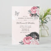 風通しの良いピンクの黒い牡丹シルバーバタフ結婚ィーズ 招待状 (スタンド正面)