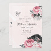 風通しの良いピンクの黒い牡丹シルバーバタフ結婚ィーズ 招待状 (正面/裏面)