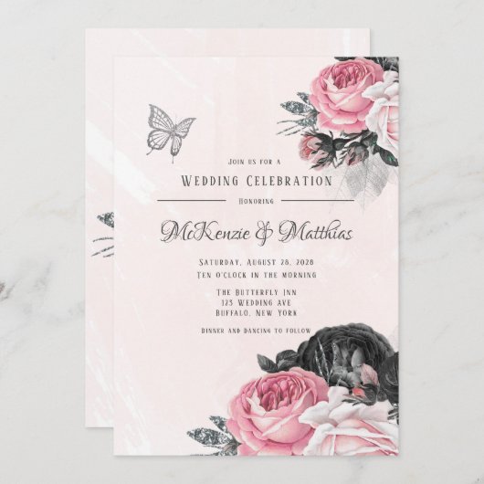 風通しの良いピンクの黒い牡丹シルバーバタフ結婚ィーズ 招待状 (正面/裏面)