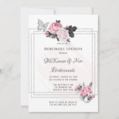 風通しの良いピンクの黒い牡丹シルバーブリデスメイド昼食会 招待状 (正面)