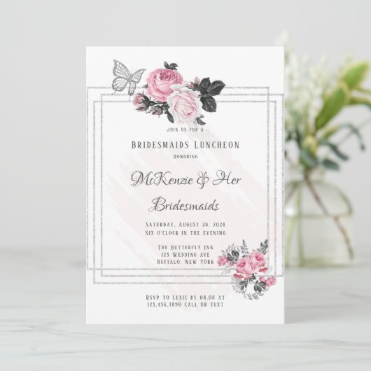 風通しの良いピンクの黒い牡丹シルバーブリデスメイド昼食会 招待状 (スタンド正面)