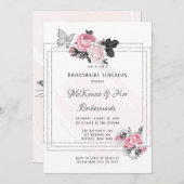 風通しの良いピンクの黒い牡丹シルバーブリデスメイド昼食会 招待状 (正面/裏面)
