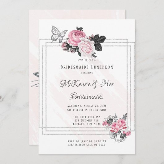 風通しの良いピンクの黒い牡丹シルバーブリデスメイド昼食会 招待状 (正面/裏面)