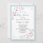 風通しの良いピンクグリーンミントウオーターカラーフローラベビーシャワー 招待状 (正面)