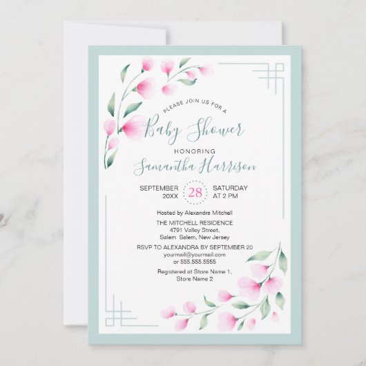 風通しの良いピンクグリーンミントウオーターカラーフローラベビーシャワー 招待状 (正面)