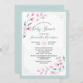 風通しの良いピンクグリーンミントウオーターカラーフローラベビーシャワー 招待状 (正面/裏面)