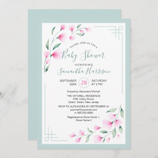 風通しの良いピンクグリーンミントウオーターカラーフローラベビーシャワー 招待状 (正面/裏面)