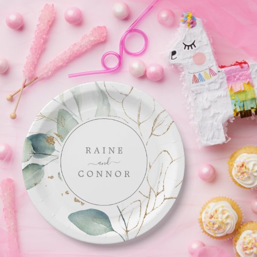 風通しの良い緑と金ゴールド結婚の葉のケーキ ペーパープレート (パーティー)