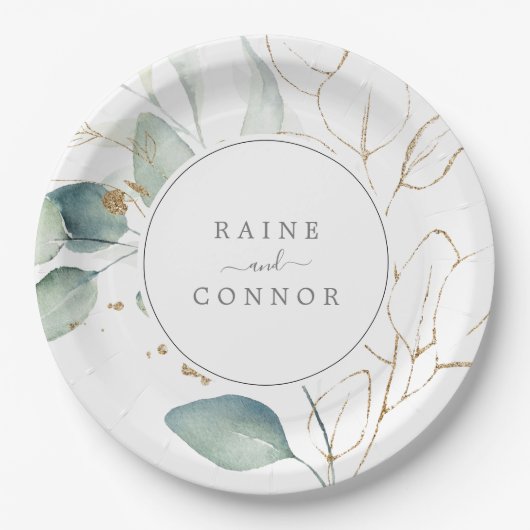 風通しの良い緑と金ゴールド結婚の葉のケーキ ペーパープレート (正面)