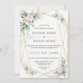 風通しの良い緑のピンクの花々の金ゴールド結婚すべて 招待状 (正面)