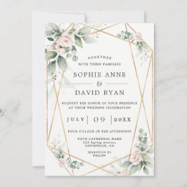 風通しの良い緑のピンクの花々の金ゴールド結婚すべて 招待状
