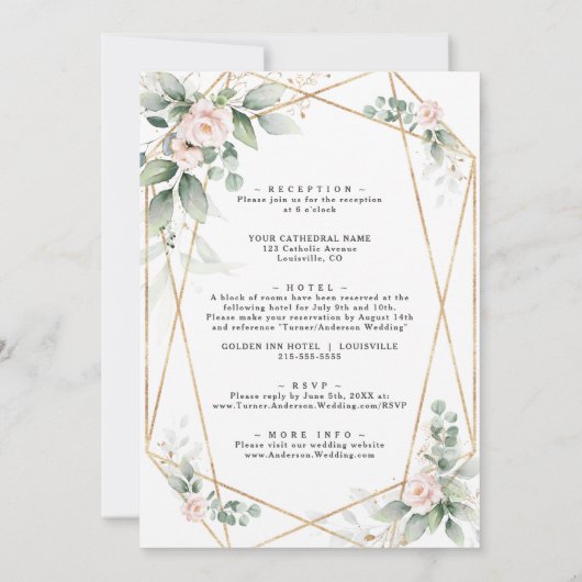 風通しの良い緑のピンクの花々の金ゴールド結婚すべて 招待状 (裏面)