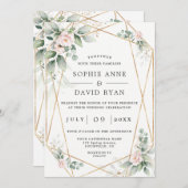 風通しの良い緑のピンクの花々の金ゴールド結婚すべて 招待状 (正面/裏面)