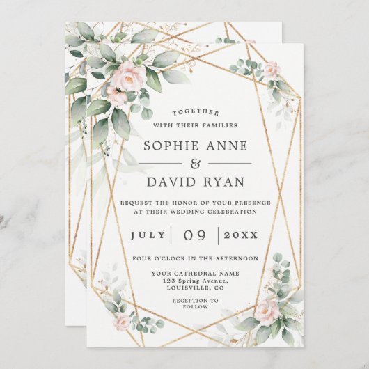 風通しの良い緑のピンクの花々の金ゴールド結婚すべて 招待状 (正面/裏面)