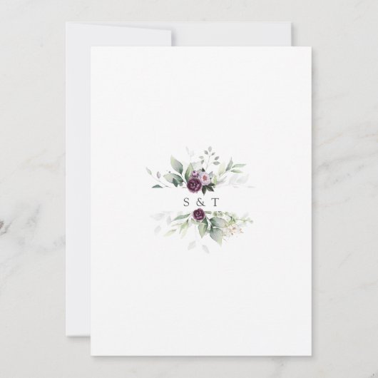 風通しの良い緑の紫ピンクの花結婚金ゴールド 招待状 (裏面)