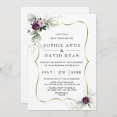 風通しの良い緑の紫ピンクの花結婚金ゴールド 招待状 (正面/裏面)