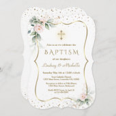 風通しの良い緑の花金ゴールドクロスツインズバプテスマ 招待状 (正面/裏面)