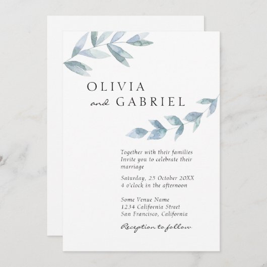 風通エレガントしの良い水の色の植物結婚の色 招待状 (正面/裏面)