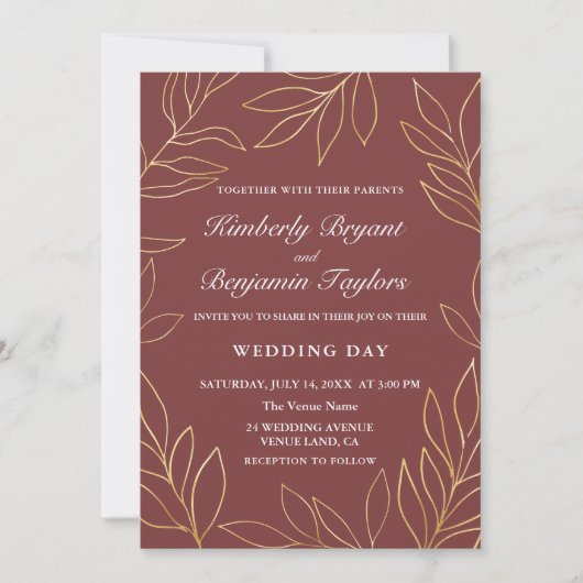 風通エレガントしの良い金ゴールド赤面の葉。ラグジュアリー結婚ズ 招待状 (正面)