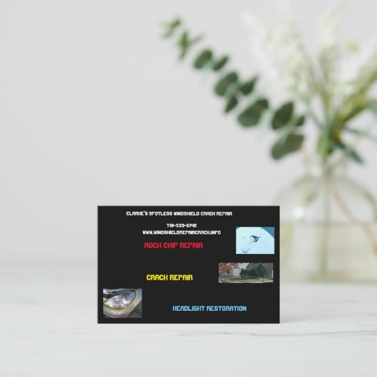 風防ガラスの修理及びヘッドライトの復帰ビジネス 名刺 (スタンド正面)