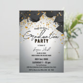 飛び散る卒業帽と金色のコンフェッティの写真 招待状 (スタンド正面)