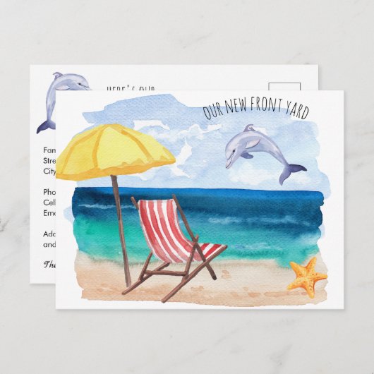 飛び跳ねるイルカのビーチシーン 新しい住所 案内ポストカード (正面/裏面)