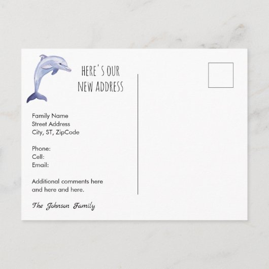 飛び跳ねるイルカのビーチシーン 新しい住所 案内ポストカード (裏面)