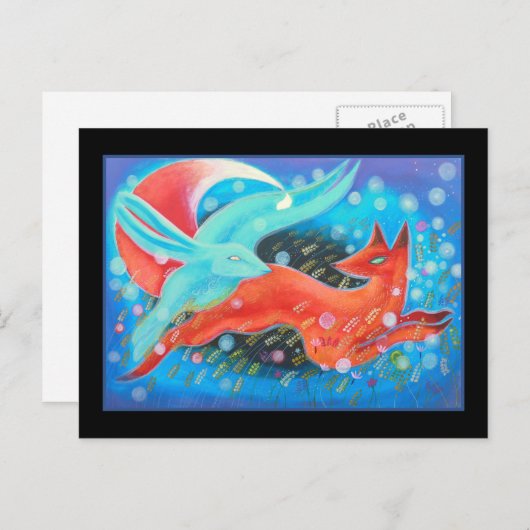 飛び跳ねる動物たち,キツネたちとウサギたち。 ポストカード (正面/裏面)