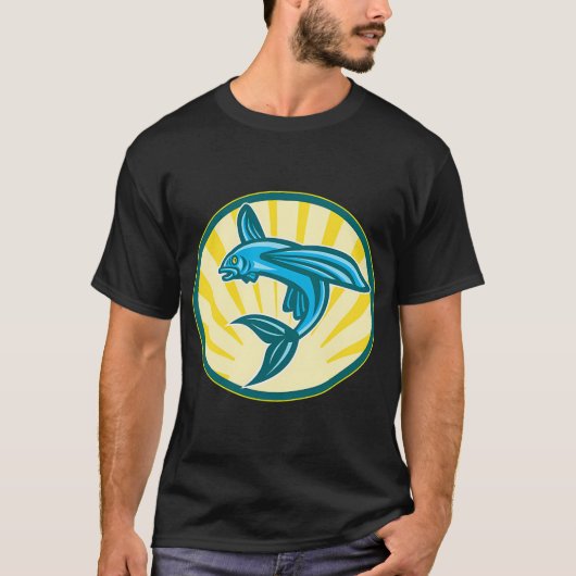 飛び跳ねる飛魚のレトロな木版画 Tシャツ (正面)
