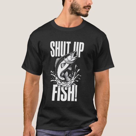 飛び跳ねる魚のグラフィックデザイン「黙れフィッシュ」 Tシャツ (正面)