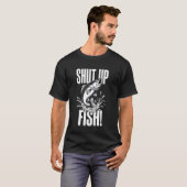 飛び跳ねる魚のグラフィックデザイン「黙れフィッシュ」 Tシャツ (正面フル)