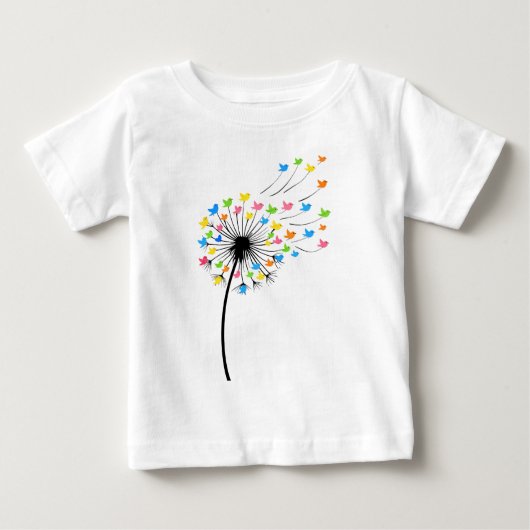 飛ぶ色とりどりの鳥のタンポポの流れ ベビーTシャツ (正面)
