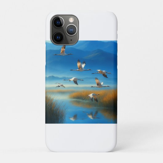 飛ぶ鶴と静かな自然の湖の風景 Case-Mate iPhoneケース (裏)