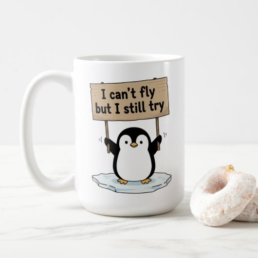 「飛べないけど挑戦中」かわいいペンギン コーヒーマグカップ (ドーナツ)