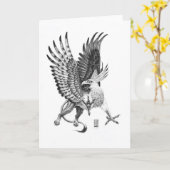飛んでいるで白いヘッドグリフィンのイラストレーション カード (黄色い花)