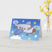 飛んでいるで高い飛行機の挨拶状 カード (黄色い花)