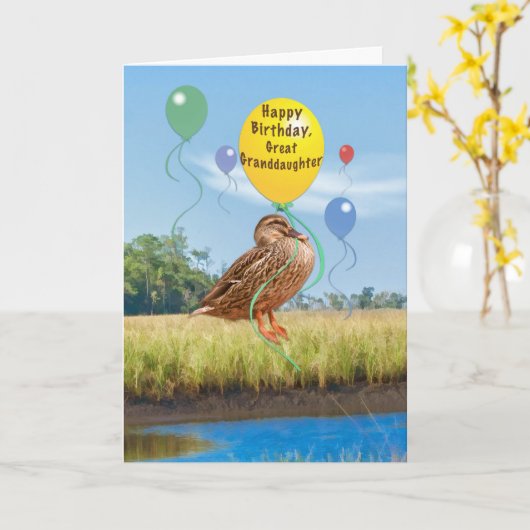 飛んでいるなアヒルとのひ孫娘の誕生日 カード (黄色い花)